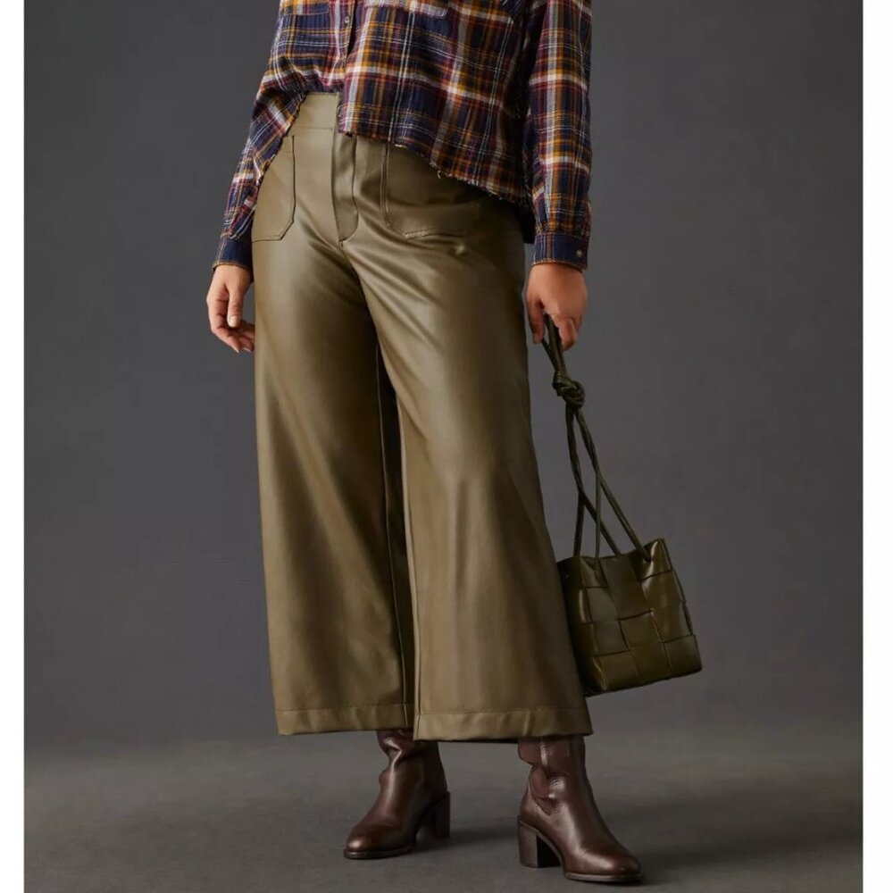 Anthropologie Maeve The Colette Cropped Wide-Leg Faux Leather Pants Moss 26W